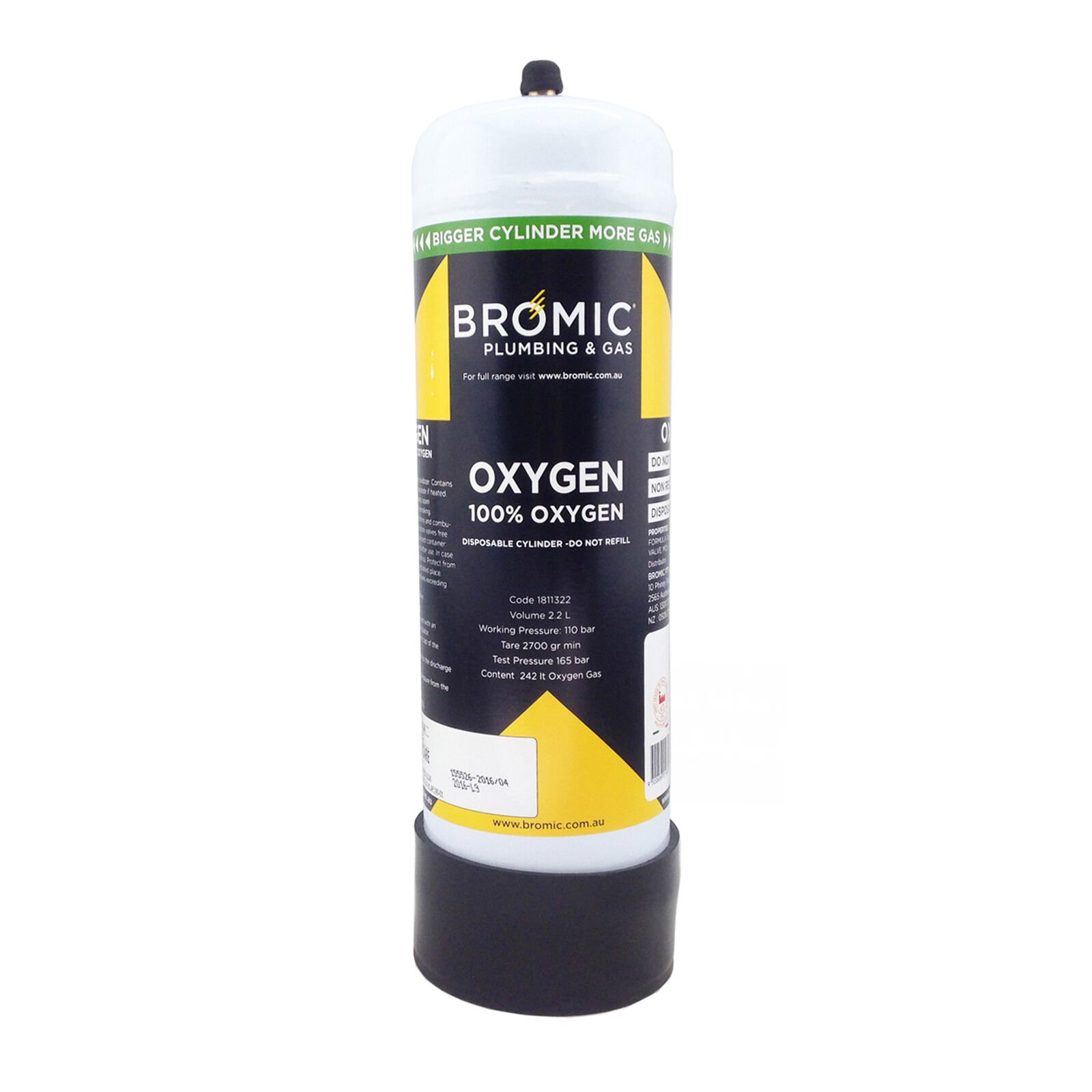 Bromic Disposable Gas Bottle - PURE OXYGEN 1 x 2.2 litre Bottle Combo
