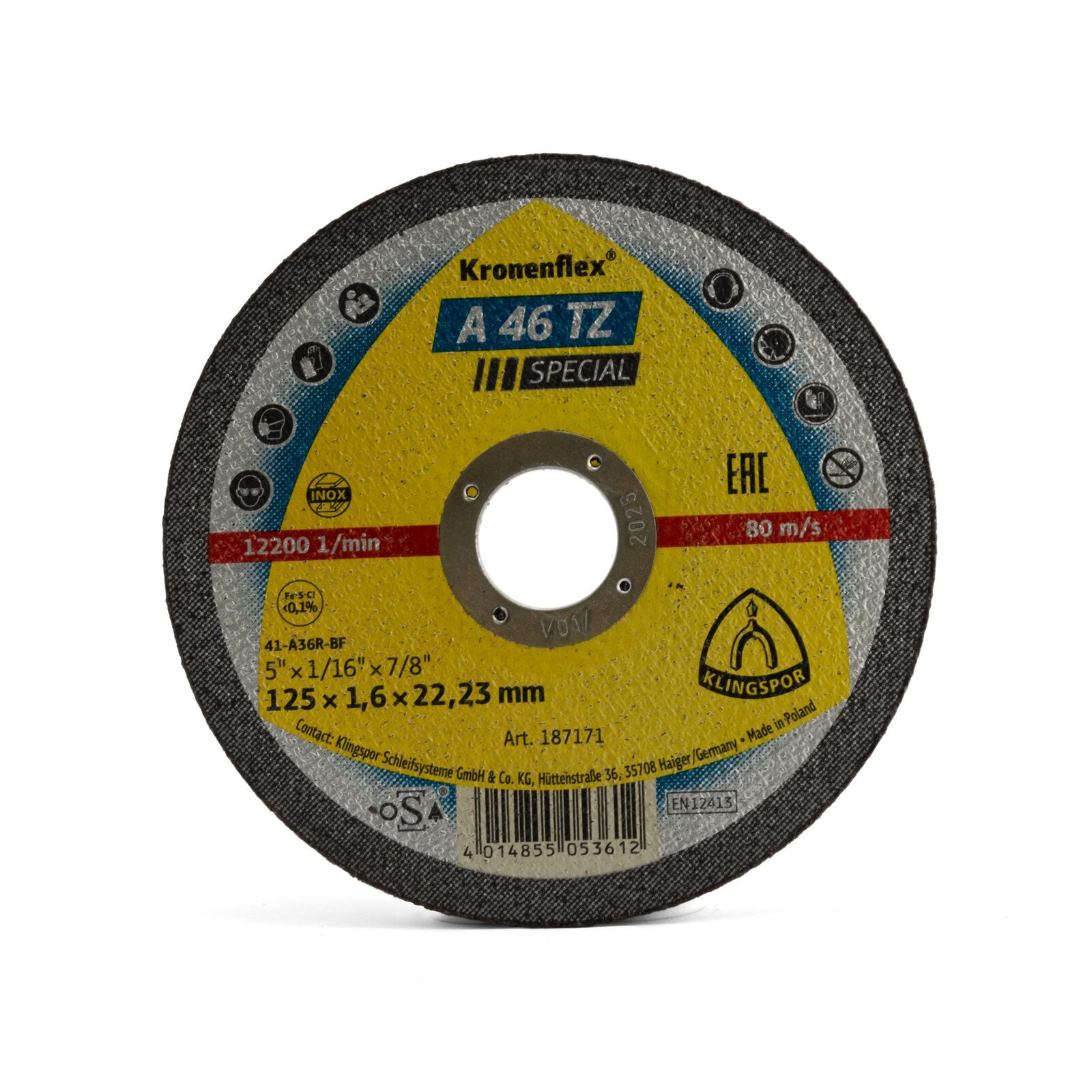 Klingspor 125mm x 1.6mm x 22.23mm Cutting Disc Inox A 46 TZ - 25 Each