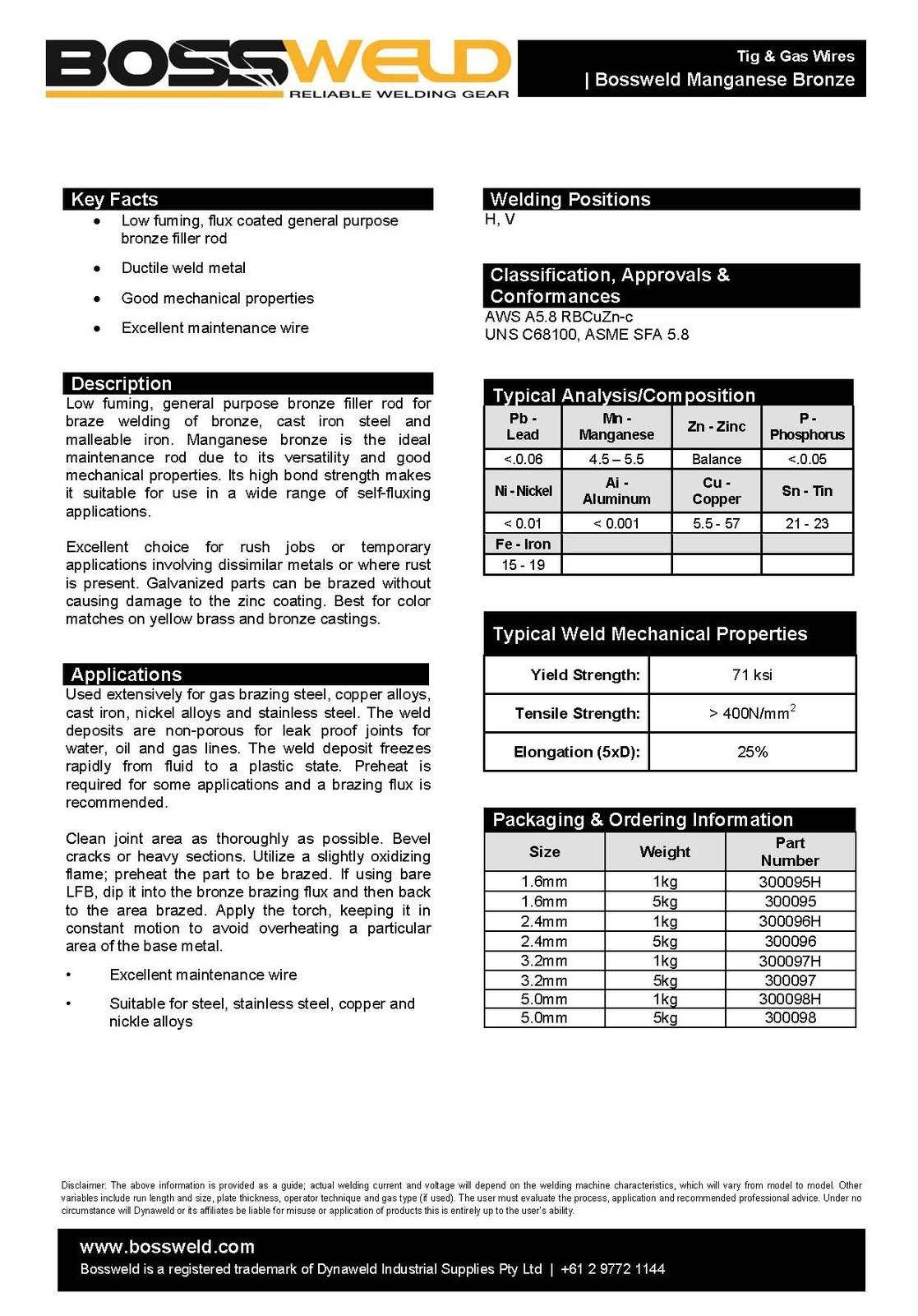 1.6mm x 5kg Manganese Bronze Bare TIG / OXY Brazing Rods