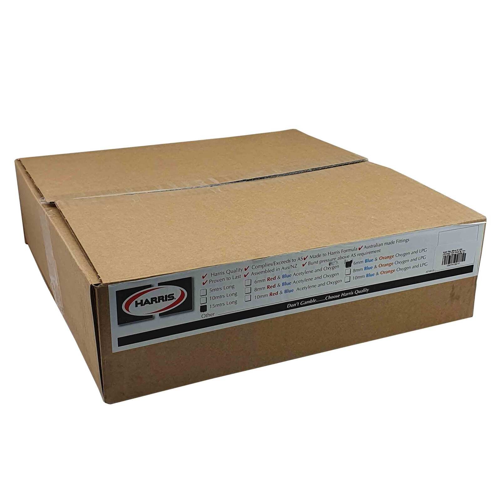 15m Harris Oxy / LPG 6mm Twin Hose with Fittings & Inspection Tag