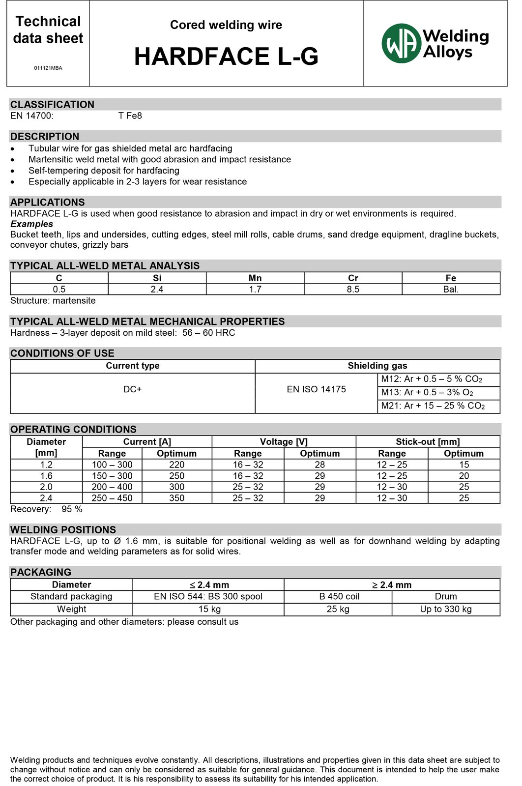15kg - 1.2mm Welding Alloys L-G Hardfacing Flux Core Mig Wire