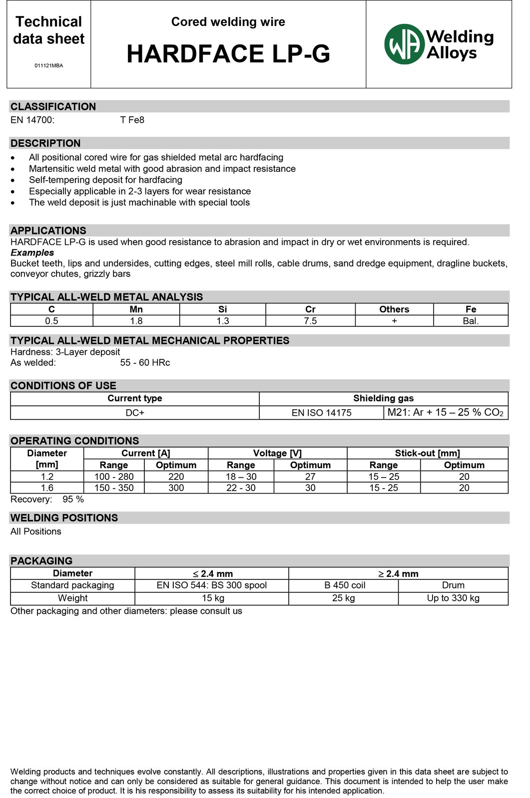 15kg - 1.2mm Welding Alloys LP-G Hardfacing Flux Core Mig Wire for positional welding