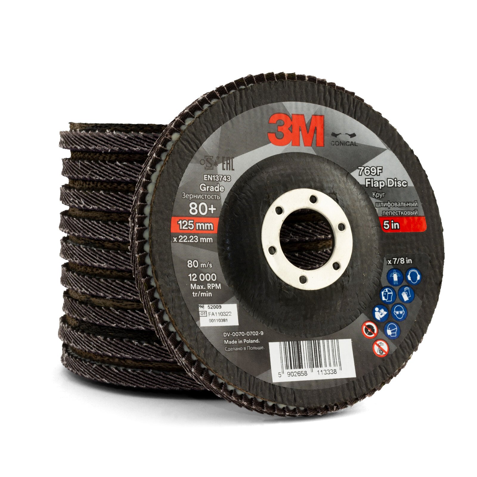 3M 769F 80 Grit 5" Flap Disc 10pk UU010034914 52009