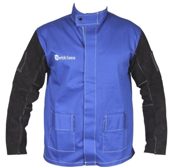 2XL Weldclass Welding Jacket - BLUE FR with Leather Sleeves