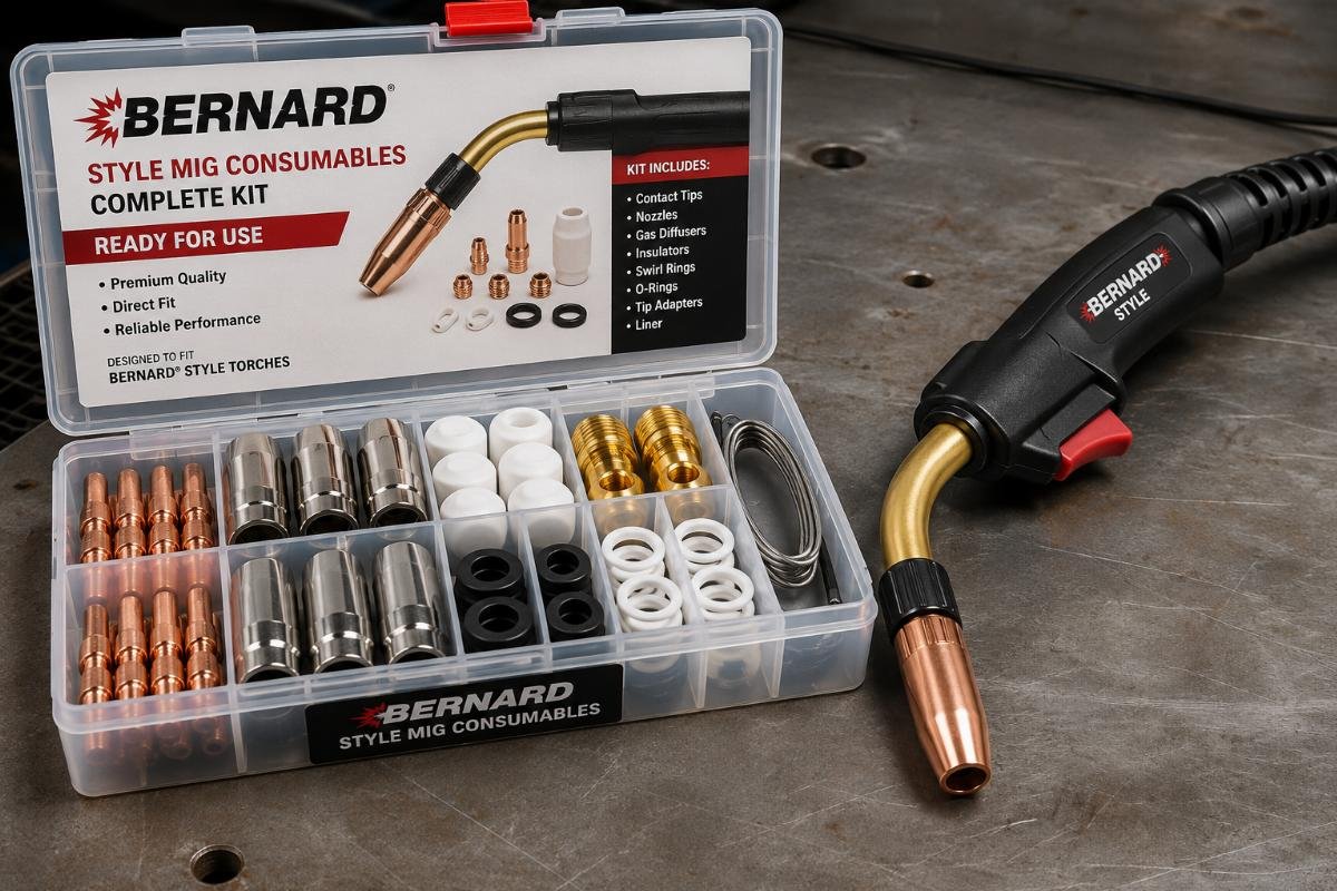 Stacked Bernard style MIG consumable kits next to a standard welding torch