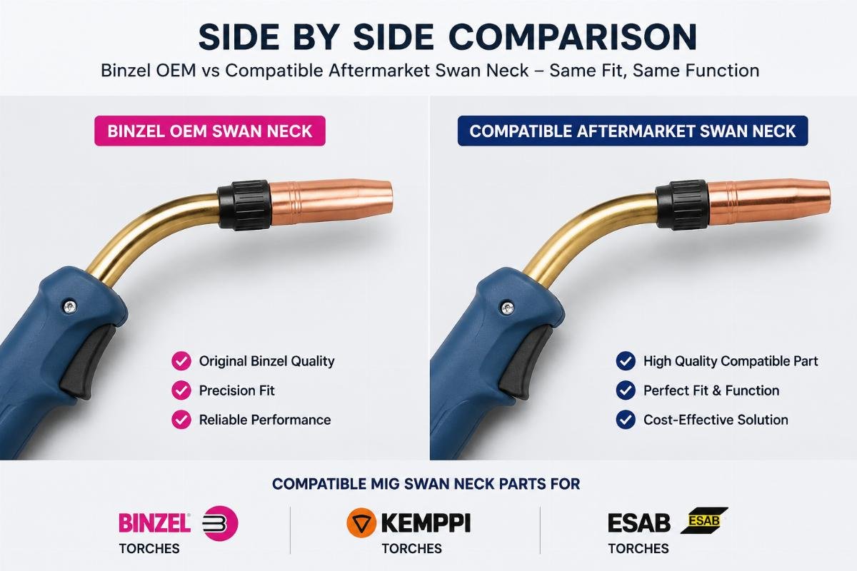 Side by side comparison of a Binzel OEM swan neck and a compatible aftermarket swan neck installed on identical MIG torches
