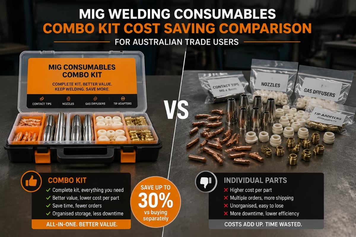 Side-by-side comparison of a MIG consumables combo kit and scattered individual parts on a workshop workbench