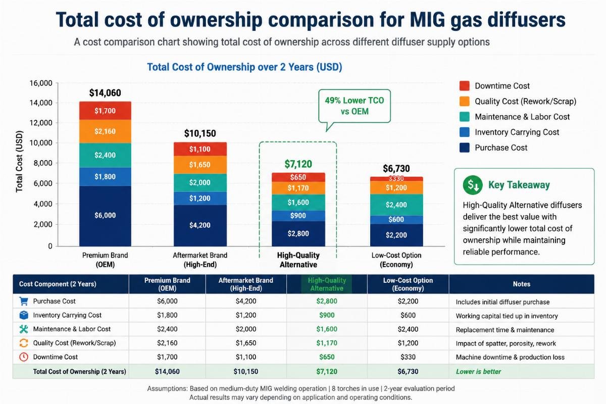 Total cost of ownership comparison for MIG gas diffusers A cost comparison chart showing total cost of ownership across different diffuser supply options